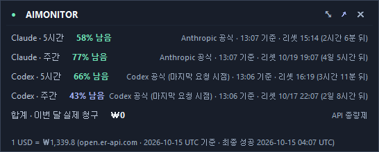 항상 위 위젯 — 도구별 남은 한도와 리셋 시각
